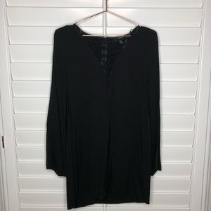 Mini black lace up front long sleeve dress